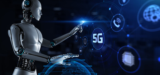 5G wireless internet connection telecommunication concept. Robot pressing button on screen 3d render.