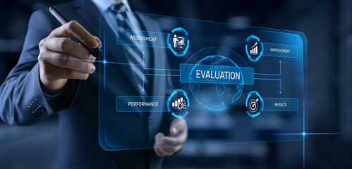 Fototapeta premium Evaluation Assessment Customer service feedback. Businessman pressing button on screen.