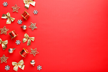 Christmas ornaments on red background