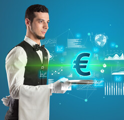 Handsome young waiter in tuxedo holding currency icons on tray