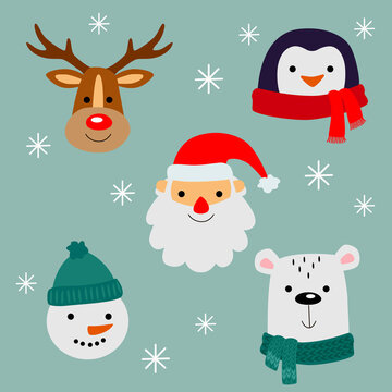 Set of cute cartoon traditional Christmas characters.  Winter Holidays, Christmas and New Year Design