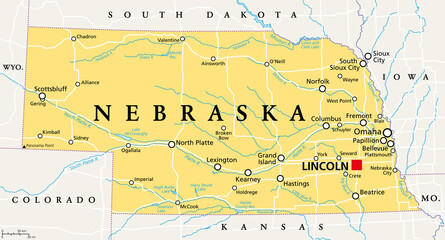 Nebraska, NE, political map with the capital Lincoln and the largest city Omaha. Triply landlocked State in the Midwestern subregion of the United States of America, nicknamed Cornhusker State. Vector - obrazy, fototapety, plakaty