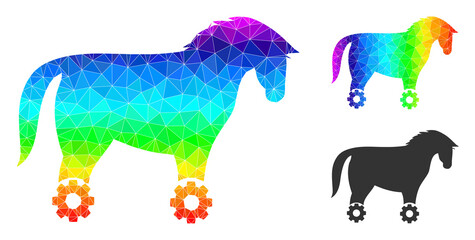 Low-poly wheeled horse icon with spectral colorful. Rainbow colored polygonal wheeled horse vector is constructed with chaotic colorful triangles.
