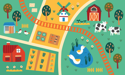 illustration of a farmhouse. cute farm animal. farm village design elements. cute map