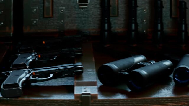 Military boxes are full of ammunition. Illegal weapon. Concept of arms smuggling