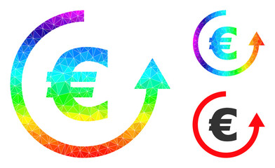 lowpoly euro refund icon with spectral colorful. Rainbow colorful polygonal euro refund vector is constructed with randomized colorful triangles.