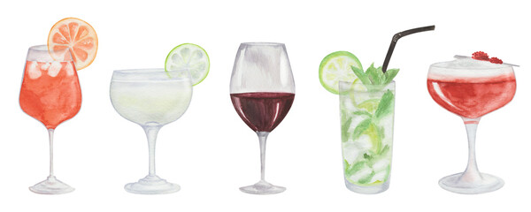 Watercolor hand painted cocktails in glasses with fruits orange, lemon with dark red marsala color wine isolated on white. Goblet for decoration menu in restaurant, cafe. Alcoholic beverage drinks