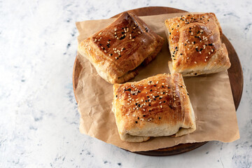 Samsa are Uzbek pies made of puff or plain dough stuffed with meat and onions. Real Uzbek samsa comes from oriental cuisine. Made from lamb and beef. Selective focus. 
