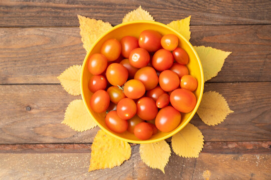 Cherry Tomatoes In A Bowl With Autumn Leaves. Harvest In The Shape Of The Sun