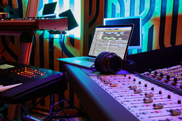 Music Record Studio Control Desk with Laptop Screen. Professional Equipment. Record.
