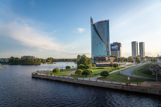 Kipsala Island with Sun Stone Skyscraper in the West Bank of Daugava (Pardaugava) - Riga, Latvia
