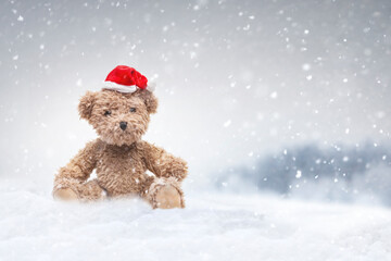 Kleiner Teddybär aus Plüsch im Schnee