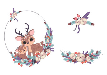 Set of Merry Christmas and New Year frames with Pine Wreath, Mistletoe, Winter plants. Cute mother with baby reindeer in Christmas wreath. Vector illustration for greetings, invitation, flyers. 