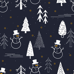 Winter forest. Cheerful snowman. Seamless pattern