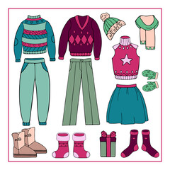 winter wardrobe trousers sweater skirt ugg boots socks mittens hat scarf