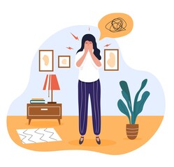 Panic attack concept. Unhappy girl in depressed state. Character with psychological and mental problems. Headache and difficulty breathing because of stress. Cartoon modern flat vector illustration