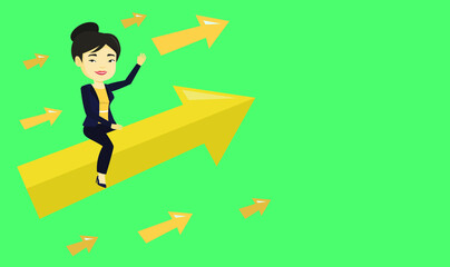 Asian businesswoman sitting on arrow going to success. Successful businesswoman flying up on the big arrow