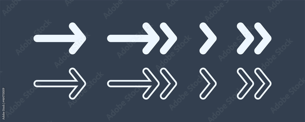 Poster set of arrow icons. white filled and outline simple arrows isolated on blue background. flat vector 