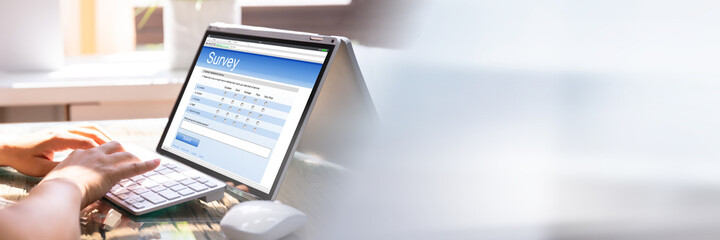 Businesswoman Filling Survey On Laptop