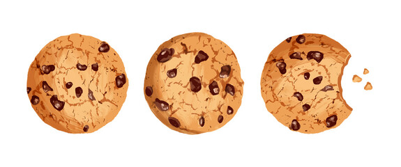 Cookies with chocolate crisps. Cookie crumbs, bitten cookie. Vector illustration. - 464710818