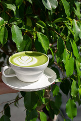 Cup of matcha latte. High quality photo. Matcha, green tea latte in a cup. Green leaves background....