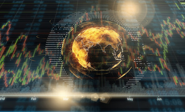 Abstract planet earth particle over the Stock market chart,Closeup Stock market exchange data on LED display, business and technology trading concept