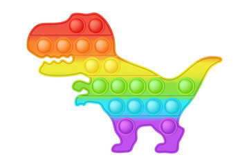 Popit figure dinosaur a fashionable silicon toy for fidgets. Addictive anti stress toy in bright rainbow colors. Bubble anxiety developing pop it toys for kids. Vector illustration isolated on white.