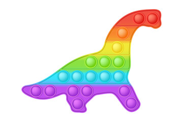 Popit figure dinosaur a fashionable silicon toy for fidgets. Addictive anti stress toy in bright rainbow colors. Bubble anxiety developing pop it toys for kids. Vector illustration isolated on white.