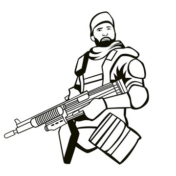 Soldier with riffle vector illustration in black and white
