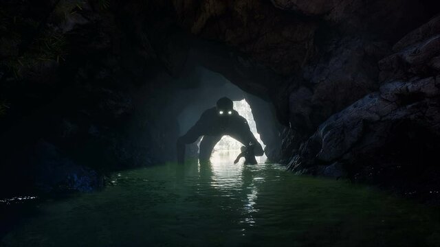 A horrible, toothy creature makes its way through a cave in the green jungle. A concept of a green jungle populated by monsters. The animation is perfect for horror, sci-fi or apocalyptic backgrounds.