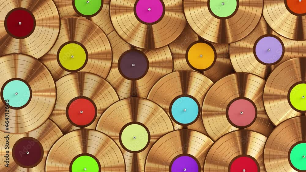 Poster realistic seamless looping 3d animation of the gold records with colorful labels rendered in uhd as 