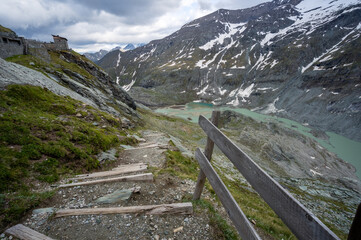 Hiking trail to Grossglockner mountain glacier. Austria. Summer