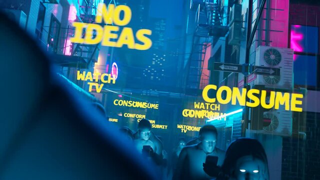 People hypnotized by their mobiles walk in the rain. Zombie walk.  Mind control