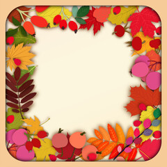 Illustration in cutout style frame with autumn leaves, rose hips and paradise apples