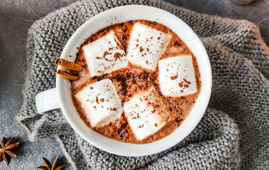 Christmas drink, cocoa with marshmallows and a cinnamon stick with beautiful garland lights, new year theme