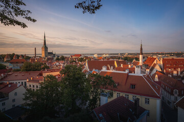 Aerial view of Tallinn at sunset with St Olafs Church Tower and Holy Spirit Church - Tallinn,...