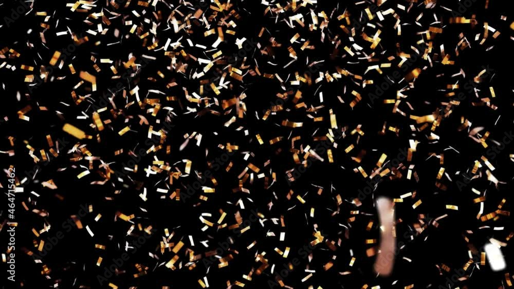 Poster realistic looping dof 3d animation of the golden confetti falling down rendered in uhd with alpha ma
