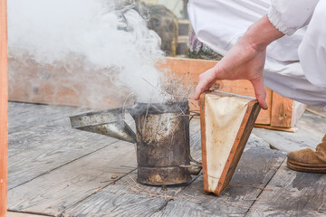 Beekeeper's hand giving the bellows of the bee smoker. Beekeeping concept.