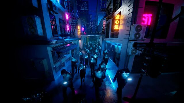 People hypnotized by their mobiles walking in the rain. Street in neons lights.