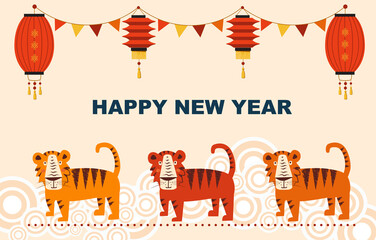 Happy New Year 2022. Chinese New Year. The year of the Tiger. Celebrations card with cute tigers and chinese lamps and asian elements. Vector illustration. Cartoon festive tigers.