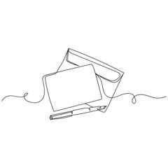 Vector continuous one single line drawing icon of blank card for greeting celebration with pen in silhouette on a white background. Linear stylized.