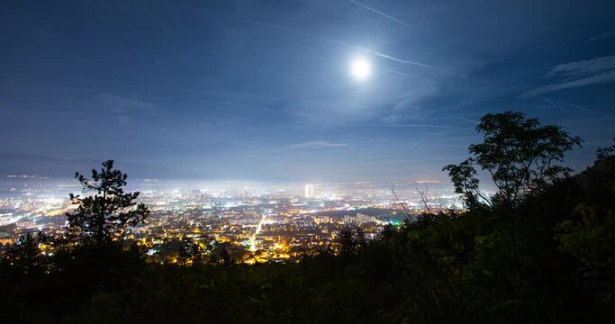 Beautiful view of Skopje from Vodno. Shinning city lights and traffic.  Timelapse. 