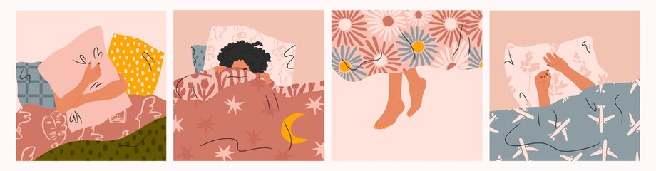 Female Legs, hands and head sticking out from under the blanket. Person sleeping under soft cozy blanket. Morning in bed, coziness, relaxation concept. Set of four Hand drawn Vector illustration