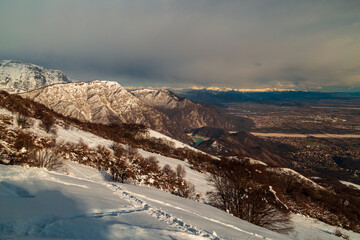 Ski mountaineering in the Alps over Pordenone, Friuli-Venezia Giulia, Italy