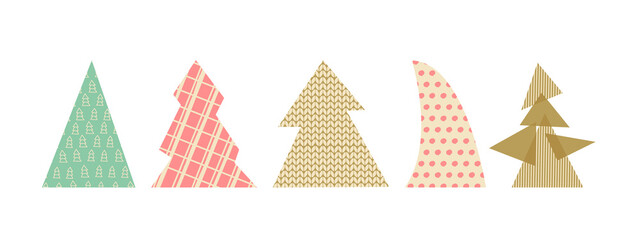 Set of decorative Christmas trees of various shapes and textures. Cute New Year's elements for design. Vector eps 10