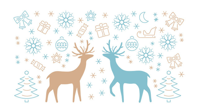 Vector illustration of deer background, snowflakes, Christmas trees and gifts. Holiday. Isolated on a white background.