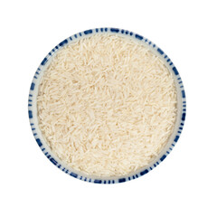 Rice grain in ceramics bowl  on white background.