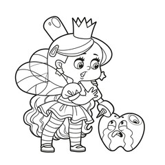 Cute little tooth fairy holds a drill in hands and is going to treat bad tooth outlined for coloring on white background