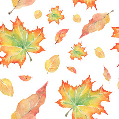 Watercolor Autumn Fall Seamless Pattern. Leaf Pattern. Botanical illustration. October print. Design for tile, backgrounds, fabric, textile, wrapping papper. Autumn leafs. Nature print.