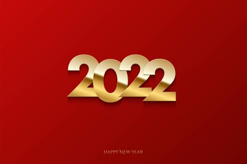 Happy new year 2022 background. Gold shining in light with sparkles celebration flyer. Greeting festive card vector illustration. Merry holiday modern poster or wallpaper design on red background